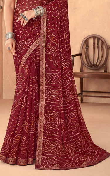Graphic Print, Printed Bandhani Chiffon, Georgette Saree (Maroon)