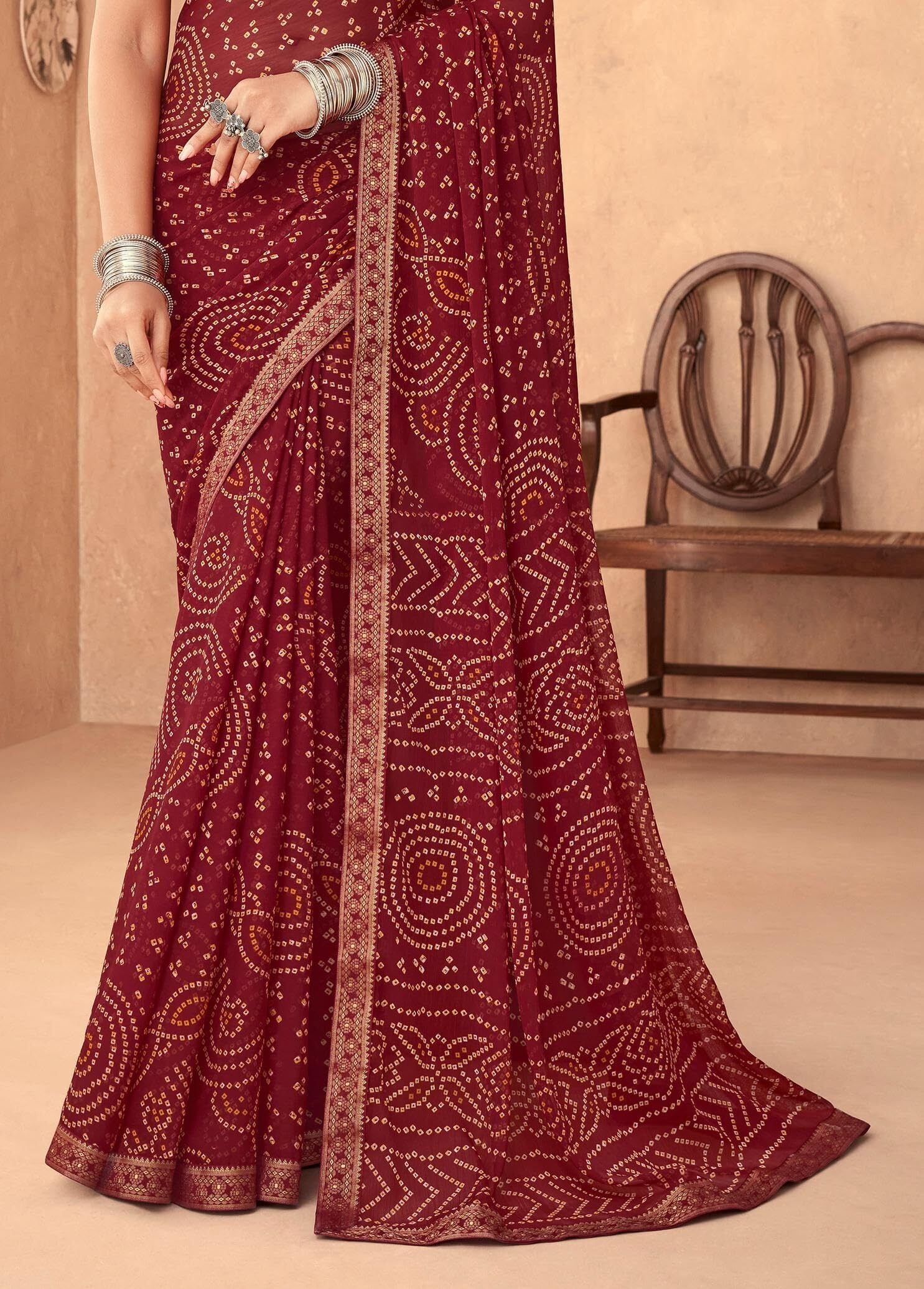 Bandhani Print Chiffon Georgette Saree with Attached Border (Maroon)