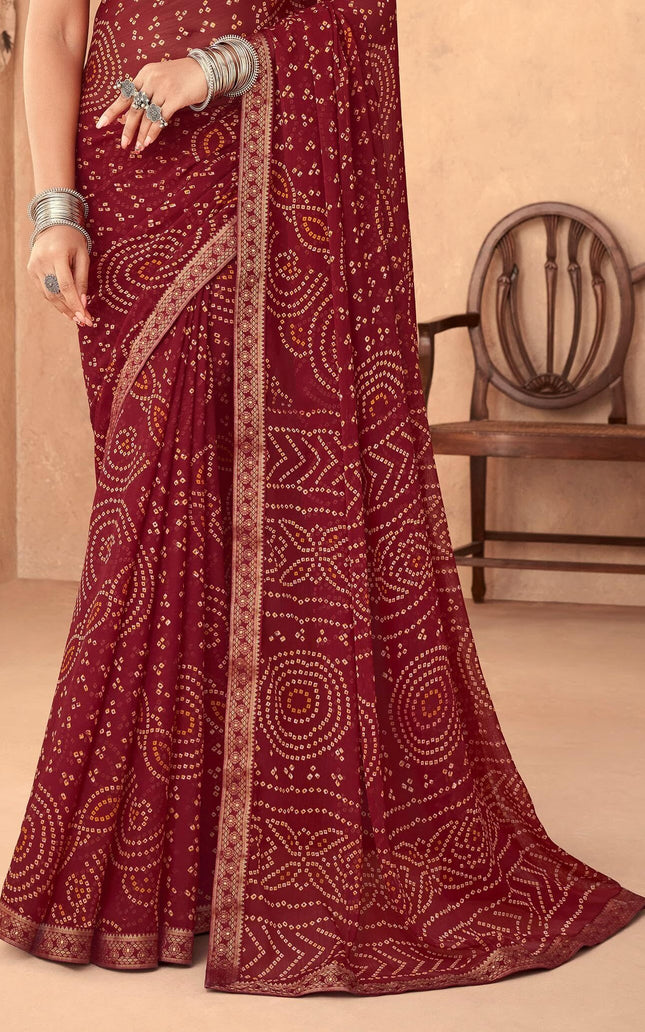 Graphic Print, Printed Bandhani Chiffon, Georgette Saree (Maroon)