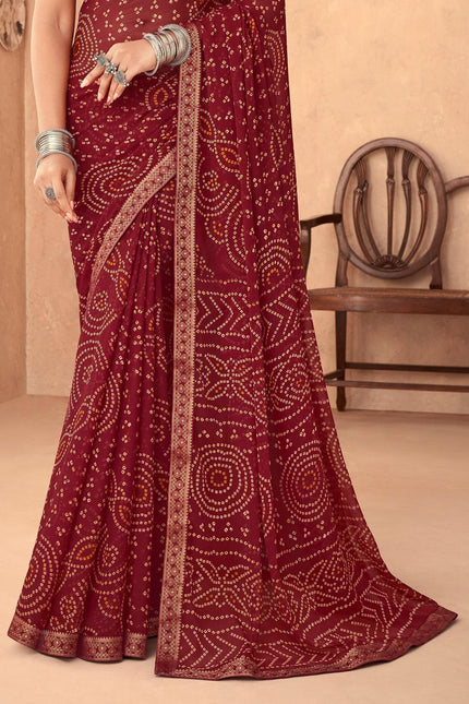 Graphic Print, Printed Bandhani Chiffon, Georgette Saree (Maroon)
