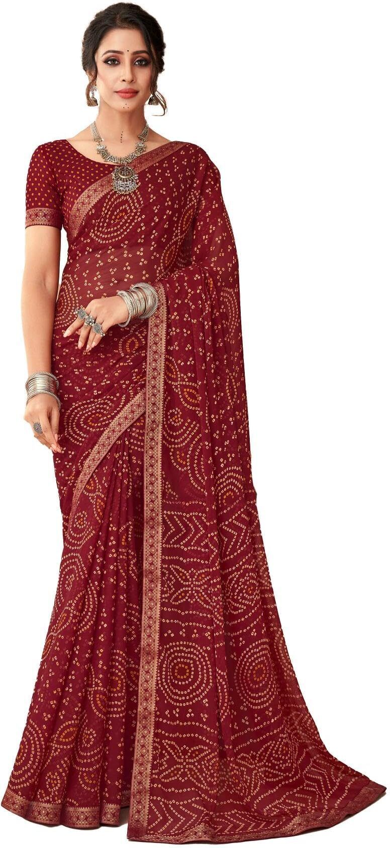 Bandhani Print Chiffon Georgette Saree with Attached Border (Maroon)