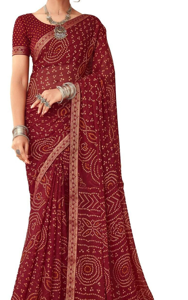 Graphic Print, Printed Bandhani Chiffon, Georgette Saree (Maroon)