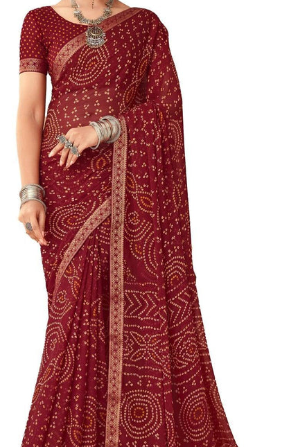 Graphic Print, Printed Bandhani Chiffon, Georgette Saree (Maroon)
