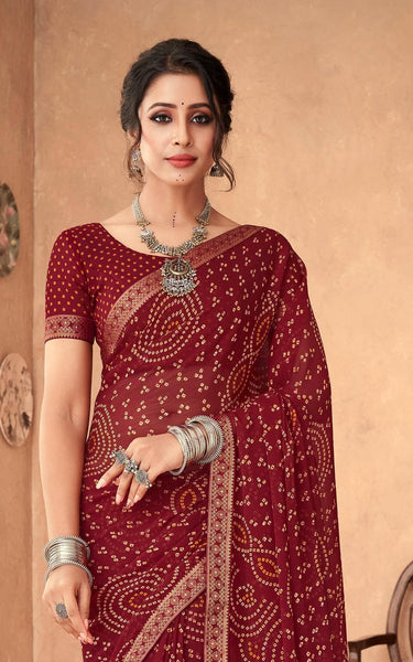 Graphic Print, Printed Bandhani Chiffon, Georgette Saree (Maroon)