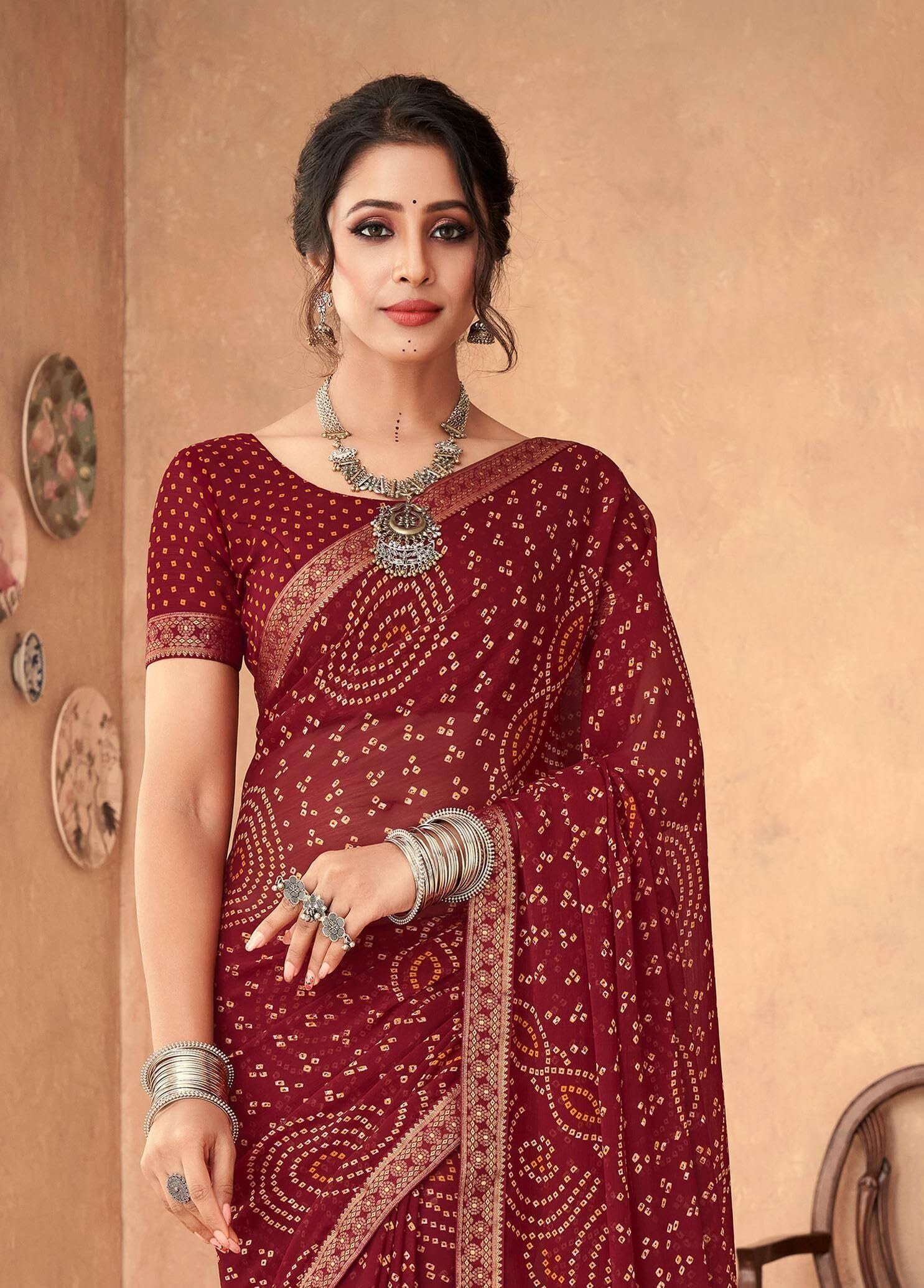 Bandhani Print Chiffon Georgette Saree with Attached Border (Maroon)