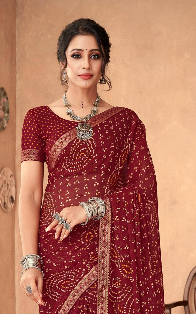 Graphic Print, Printed Bandhani Chiffon, Georgette Saree (Maroon)