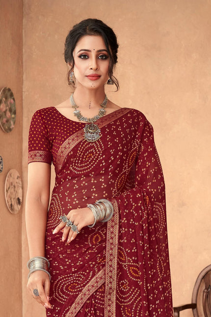 Graphic Print, Printed Bandhani Chiffon, Georgette Saree (Maroon)
