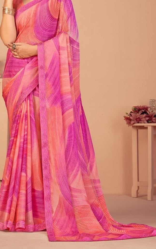 Geometric Print, Graphic Print, Printed Bollywood Chiffon, Lace Saree (Pink)