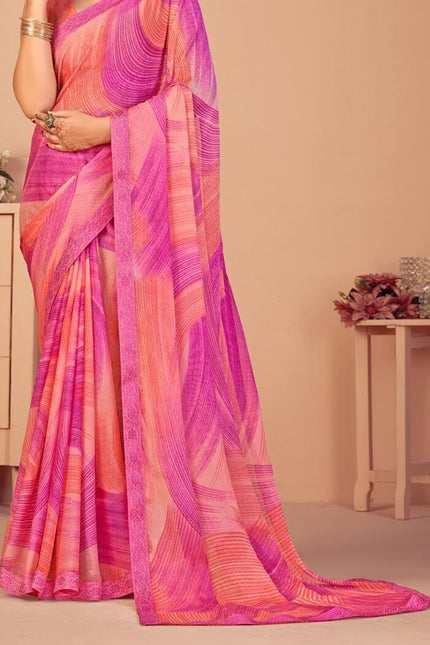 Geometric Print, Graphic Print, Printed Bollywood Chiffon, Lace Saree (Pink)