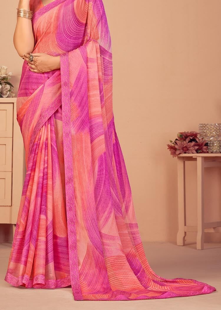 Graphic Print Chiffon Georgette Saree with Attached Border (Pink)