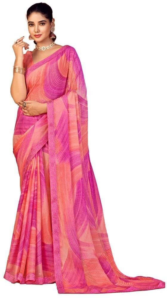 Geometric Print, Graphic Print, Printed Bollywood Chiffon, Lace Saree (Pink)