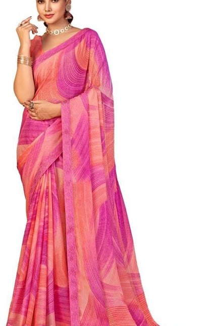 Geometric Print, Graphic Print, Printed Bollywood Chiffon, Lace Saree (Pink)