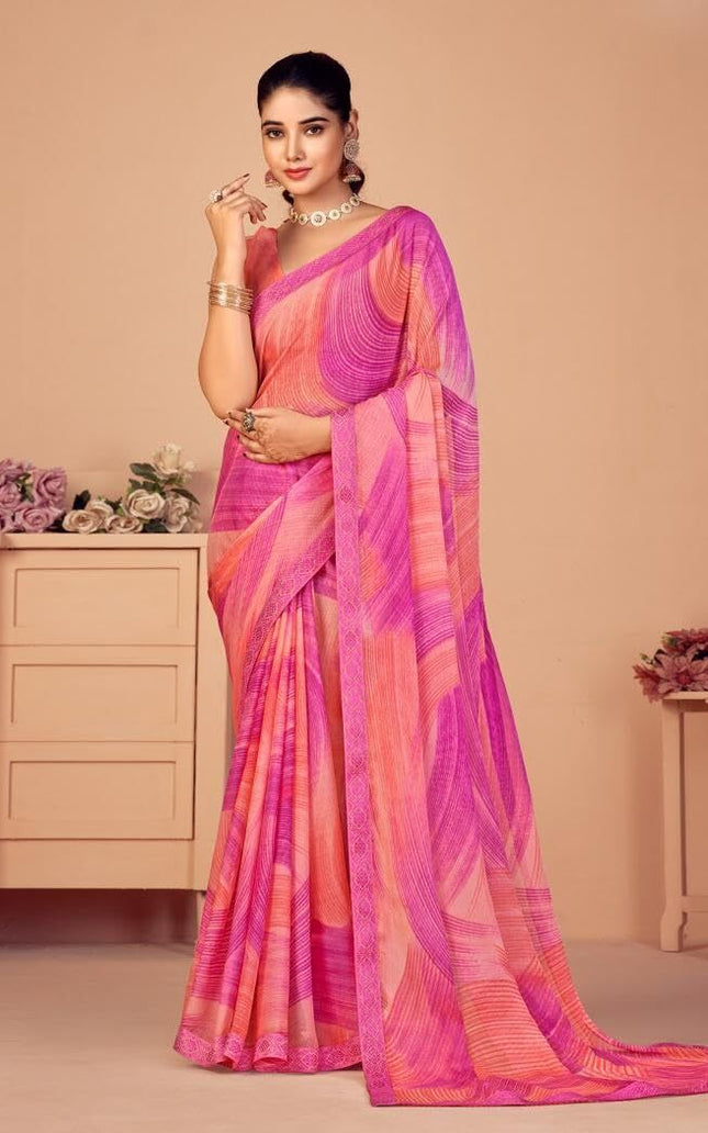 Geometric Print, Graphic Print, Printed Bollywood Chiffon, Lace Saree (Pink)