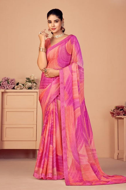 Geometric Print, Graphic Print, Printed Bollywood Chiffon, Lace Saree (Pink)