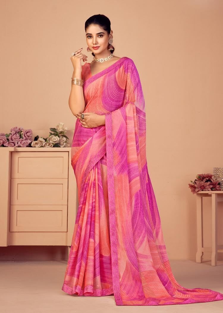 Graphic Print Chiffon Georgette Saree with Attached Border (Pink)