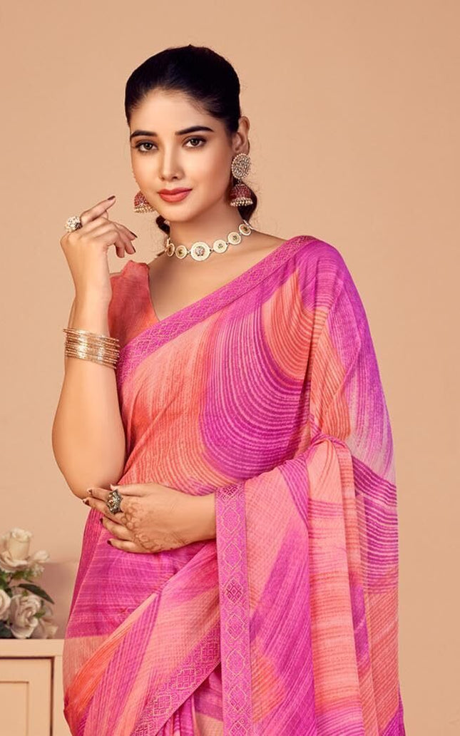 Geometric Print, Graphic Print, Printed Bollywood Chiffon, Lace Saree (Pink)