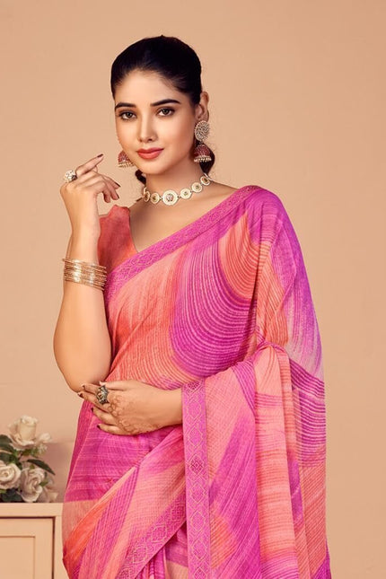 Geometric Print, Graphic Print, Printed Bollywood Chiffon, Lace Saree (Pink)