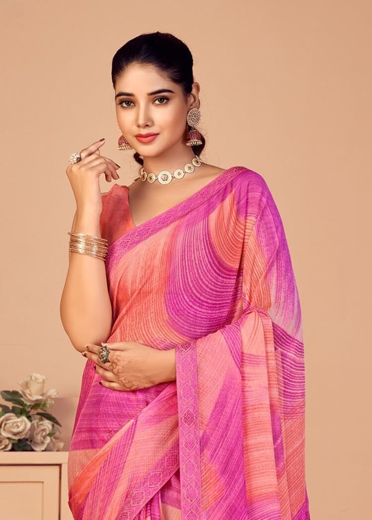 Graphic Print Chiffon Georgette Saree with Attached Border (Pink)