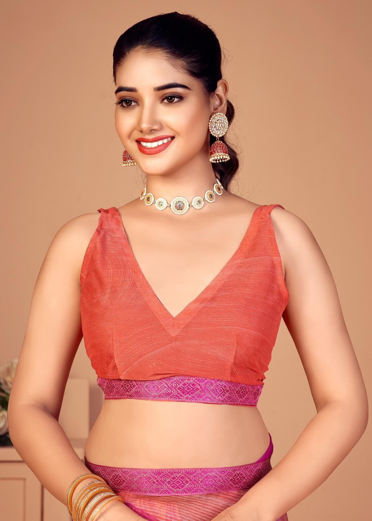 Graphic Print Chiffon Georgette Saree with Attached Border (Pink)