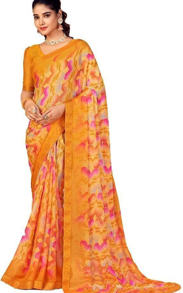 Geometric Print, Graphic Print, Printed Bollywood Chiffon, Lace Saree (Honey Yellow)