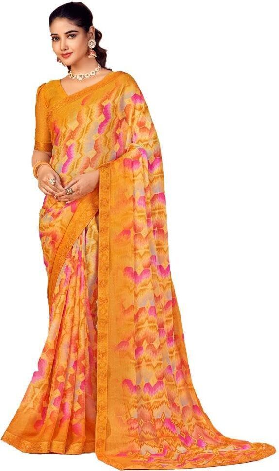 Graphic Print Chiffon Georgette Saree with Attached Border (Mustard Yellow)