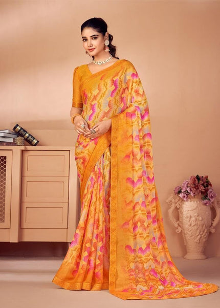 Graphic Print Chiffon Georgette Saree with Attached Border (Mustard Yellow)