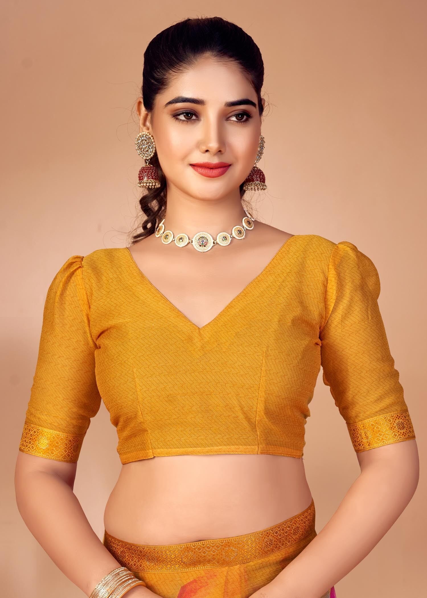 Graphic Print Chiffon Georgette Saree with Attached Border (Mustard Yellow)