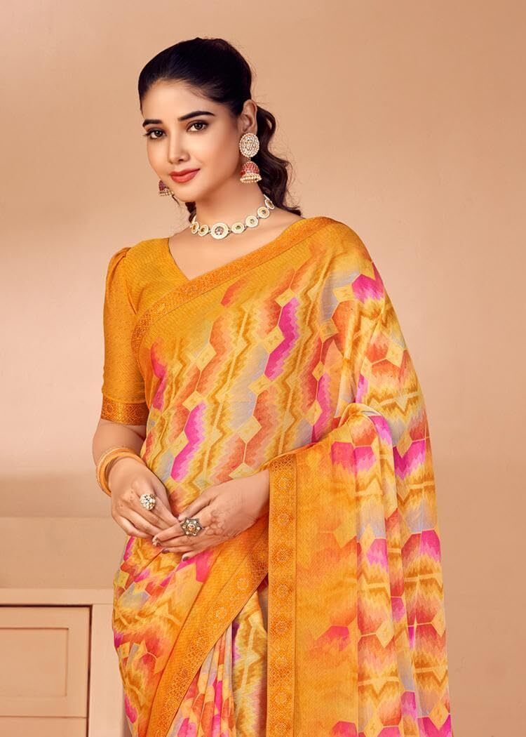Graphic Print Chiffon Georgette Saree with Attached Border (Mustard Yellow)