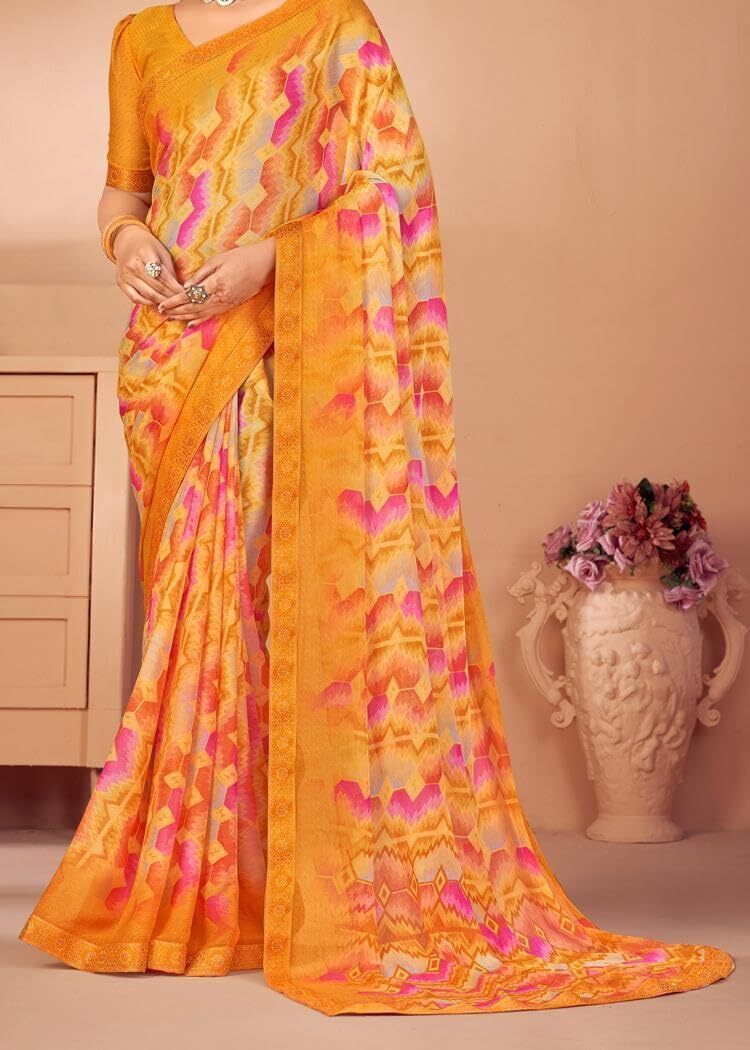 Graphic Print Chiffon Georgette Saree with Attached Border (Mustard Yellow)