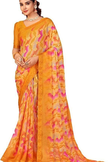 Geometric Print, Graphic Print, Printed Bollywood Chiffon, Lace Saree (Orange)