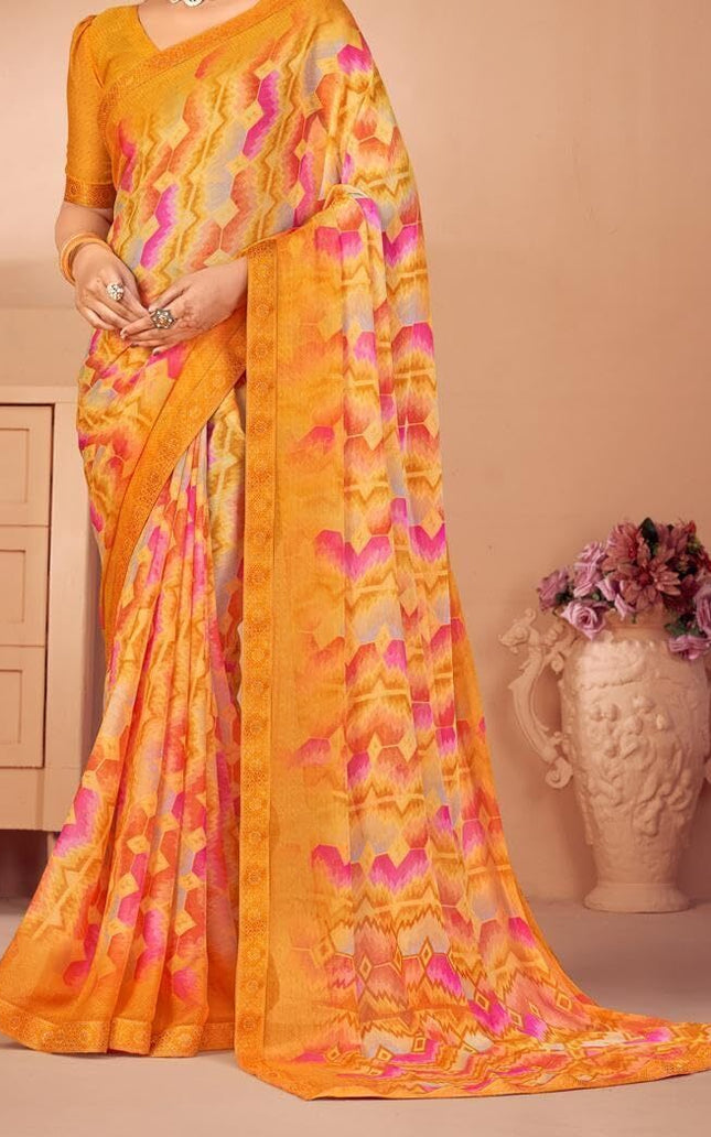 Geometric Print, Graphic Print, Printed Bollywood Chiffon, Lace Saree (Orange)