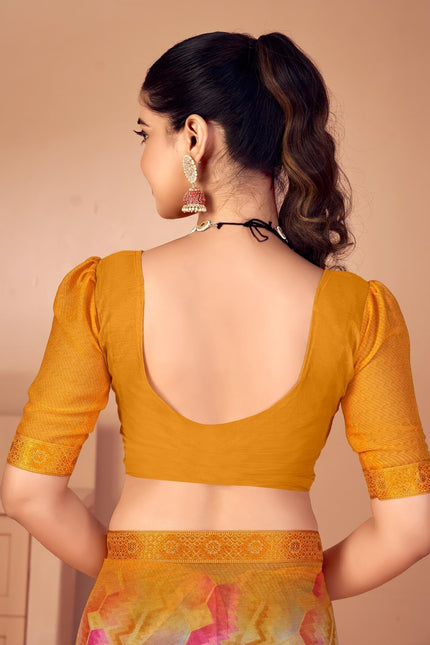 Geometric Print, Graphic Print, Printed Bollywood Chiffon, Lace Saree (Orange)