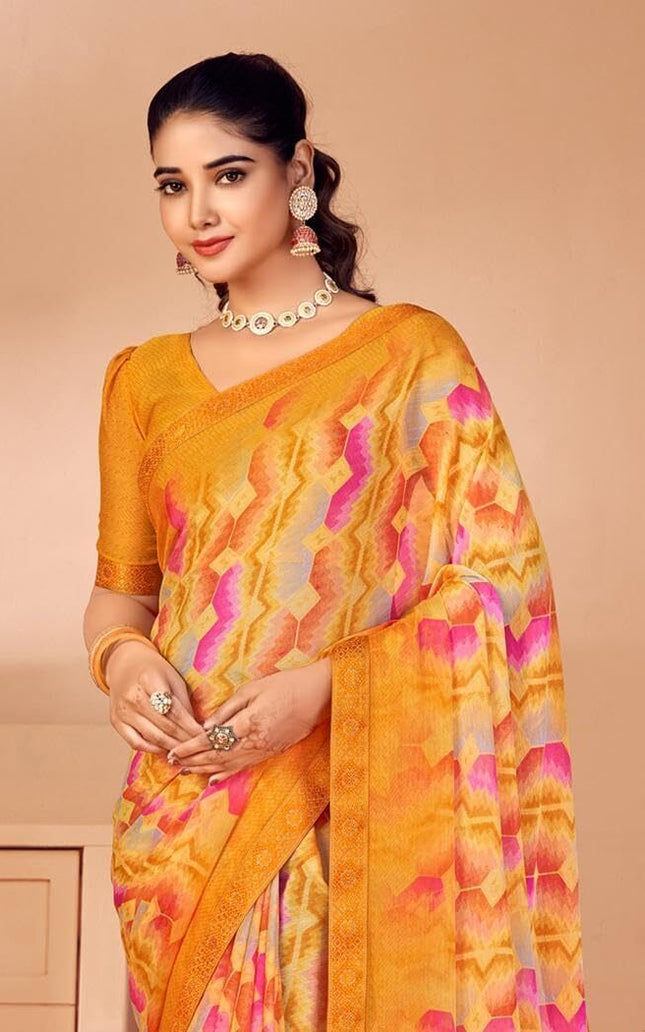 Geometric Print, Graphic Print, Printed Bollywood Chiffon, Lace Saree (Orange)