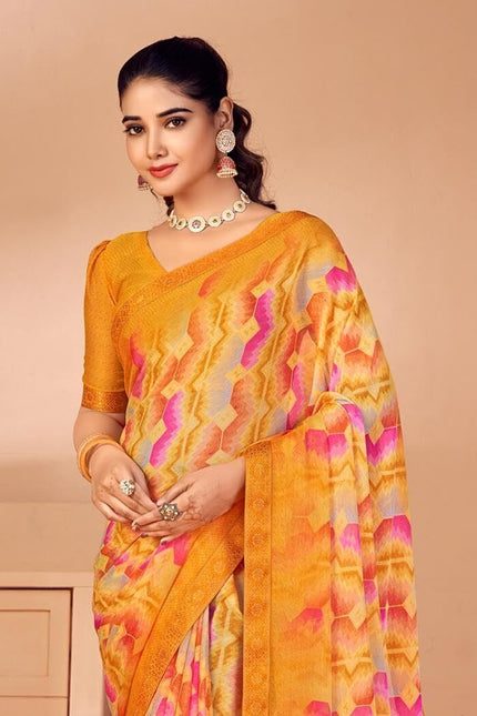 Geometric Print, Graphic Print, Printed Bollywood Chiffon, Lace Saree (Orange)