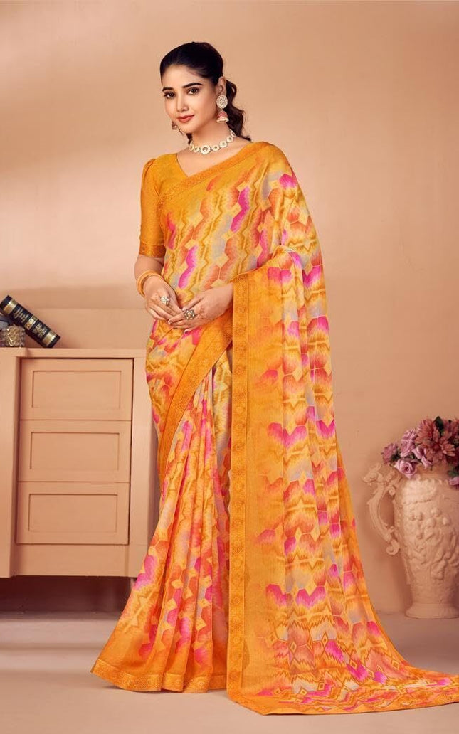 Geometric Print, Graphic Print, Printed Bollywood Chiffon, Lace Saree (Orange)