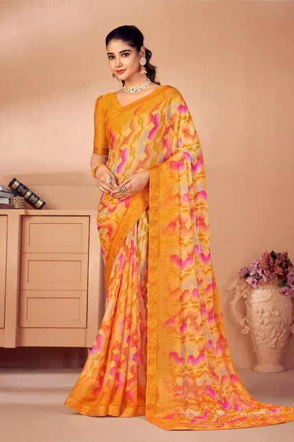 Geometric Print, Graphic Print, Printed Bollywood Chiffon, Lace Saree (Orange)