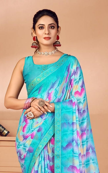 Geometric Print, Graphic Print, Printed Bandhani Chiffon, Lace Saree (Blue)