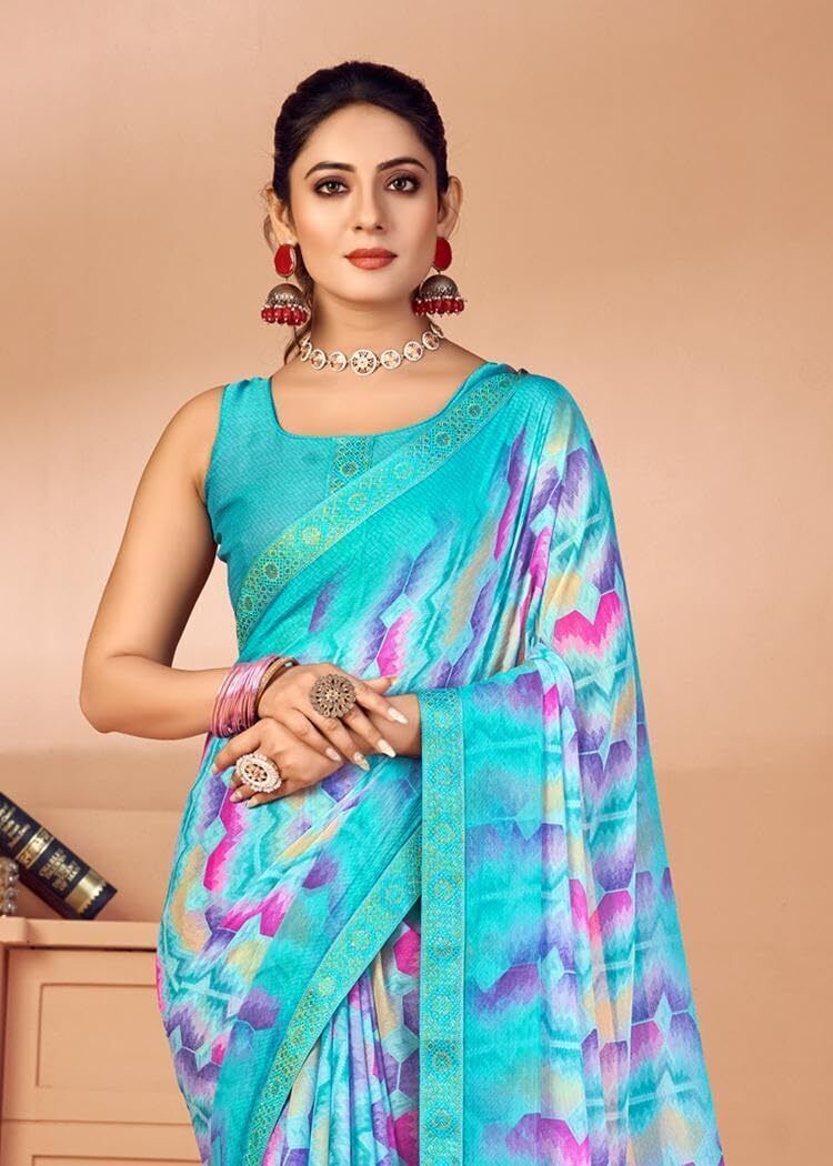 Graphic Print Chiffon Georgette Saree with Attached Border (Blue)