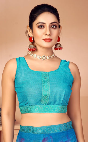 Geometric Print, Graphic Print, Printed Bandhani Chiffon, Lace Saree (Blue)