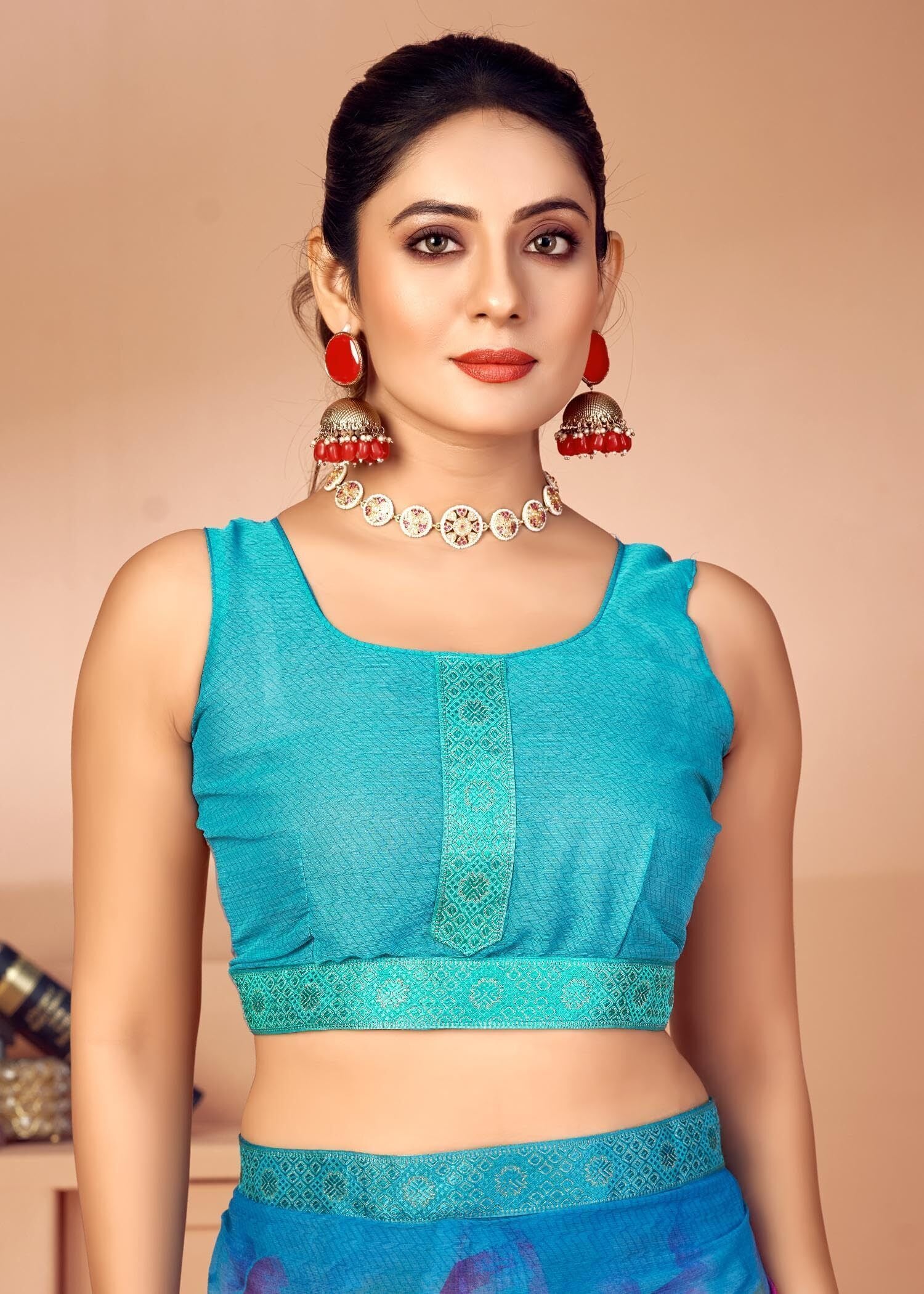 Graphic Print Chiffon Georgette Saree with Attached Border (Blue)
