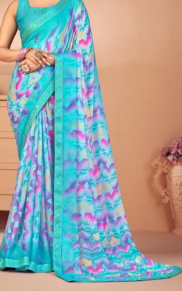 Geometric Print, Graphic Print, Printed Bandhani Chiffon, Lace Saree (Blue)