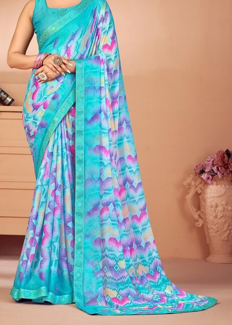 Graphic Print Chiffon Georgette Saree with Attached Border (Blue)