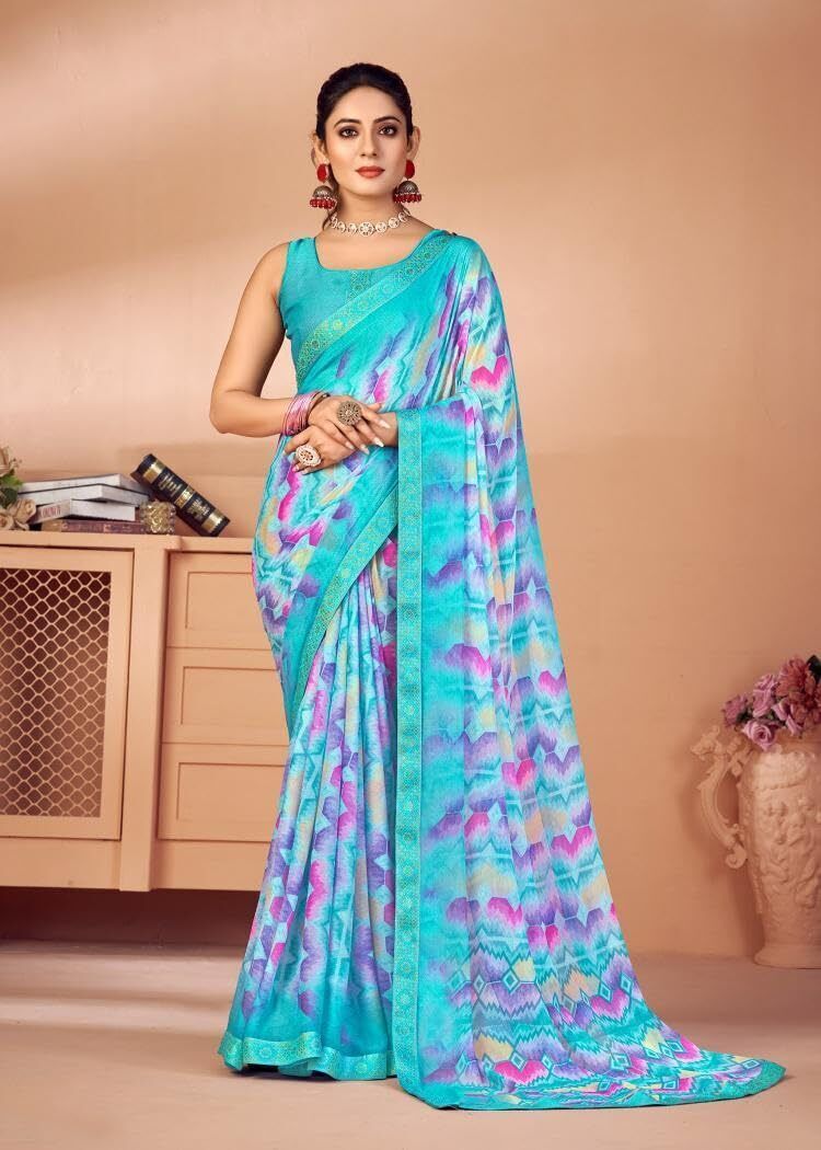 Graphic Print Chiffon Georgette Saree with Attached Border (Blue)