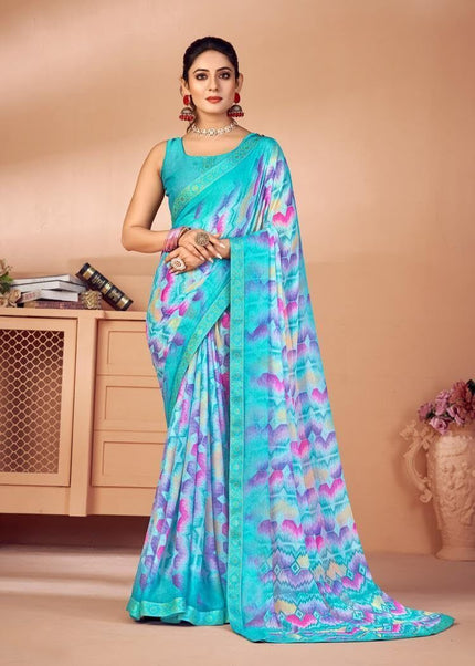 Graphic Print Chiffon Georgette Saree with Attached Border (Blue)