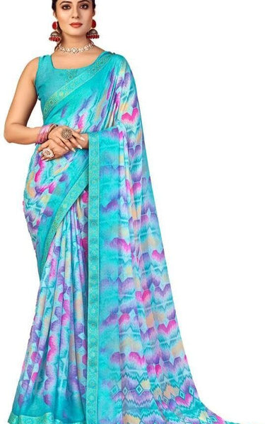 Geometric Print, Graphic Print, Printed Bandhani Chiffon, Lace Saree (Blue)