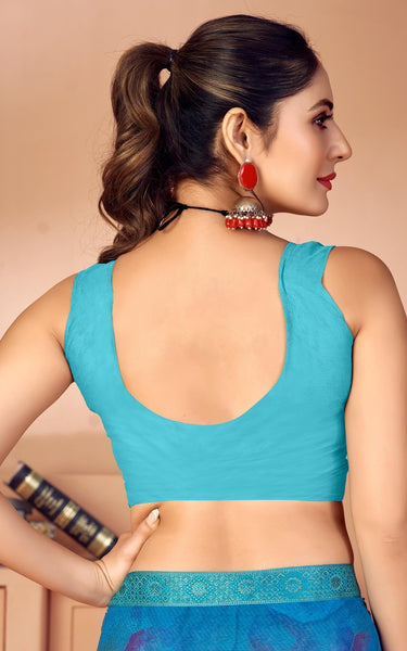 Geometric Print, Graphic Print, Printed Bandhani Chiffon, Lace Saree (Blue)