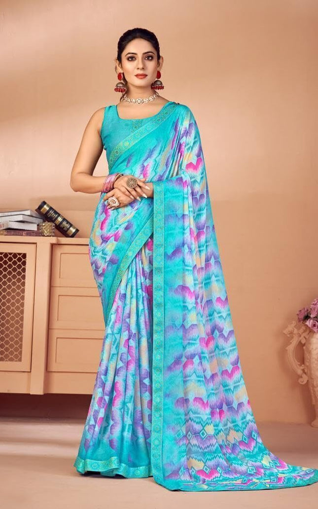 Geometric Print, Graphic Print, Printed Bollywood Chiffon, Lace Saree (Blue)