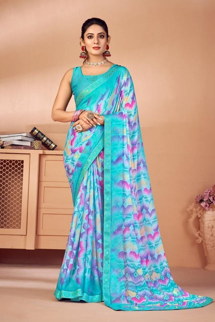 Geometric Print, Graphic Print, Printed Bollywood Chiffon, Lace Saree (Blue)