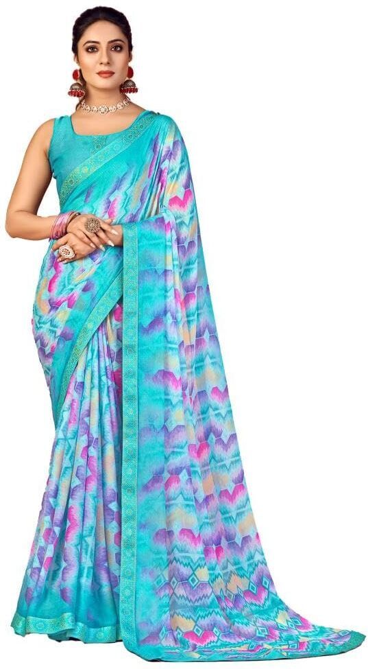 Geometric Print, Graphic Print, Printed Bollywood Chiffon, Lace Saree (Blue)