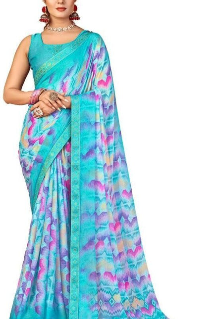 Geometric Print, Graphic Print, Printed Bollywood Chiffon, Lace Saree (Blue)